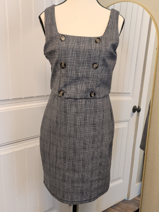 Purple Snow Dresses & Skirts - Gray Plaid Midi Sheath Dress with Double-Breasted Buttons